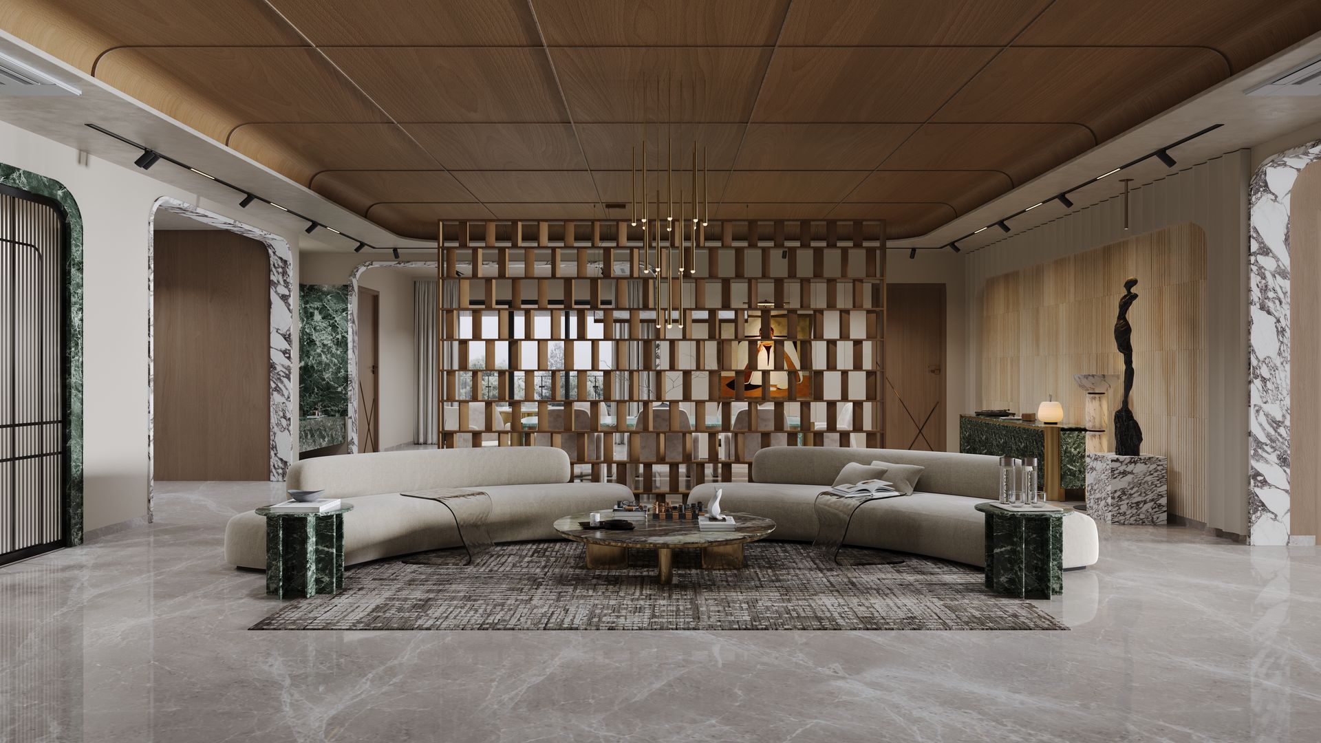 Luxury living room with wood slat divider